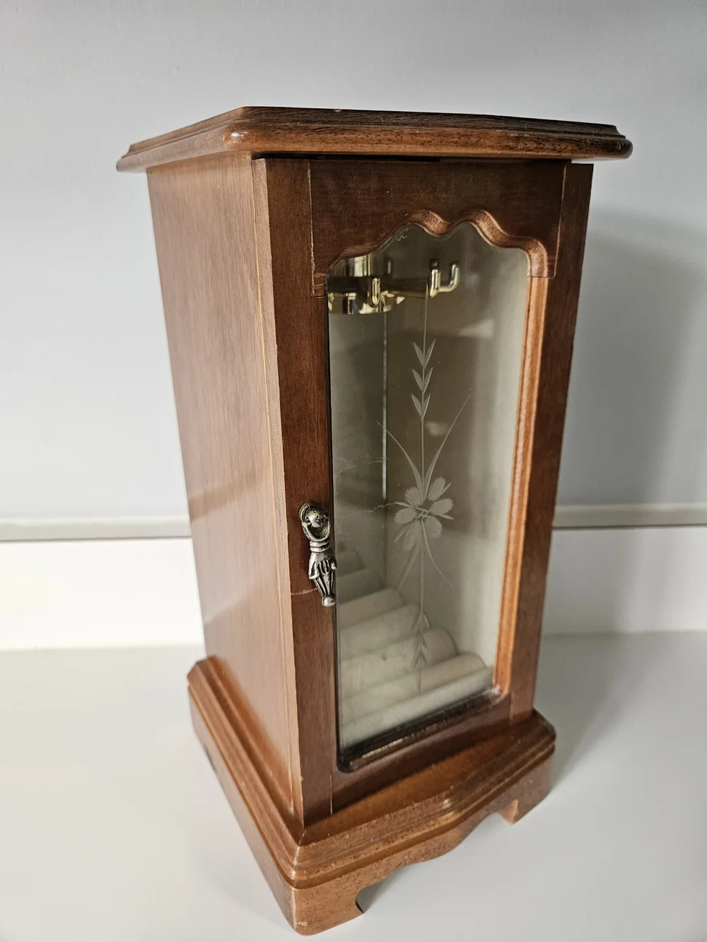 VINTAGE Wood Armoire Jewelry Box Etched Flower Glass Door